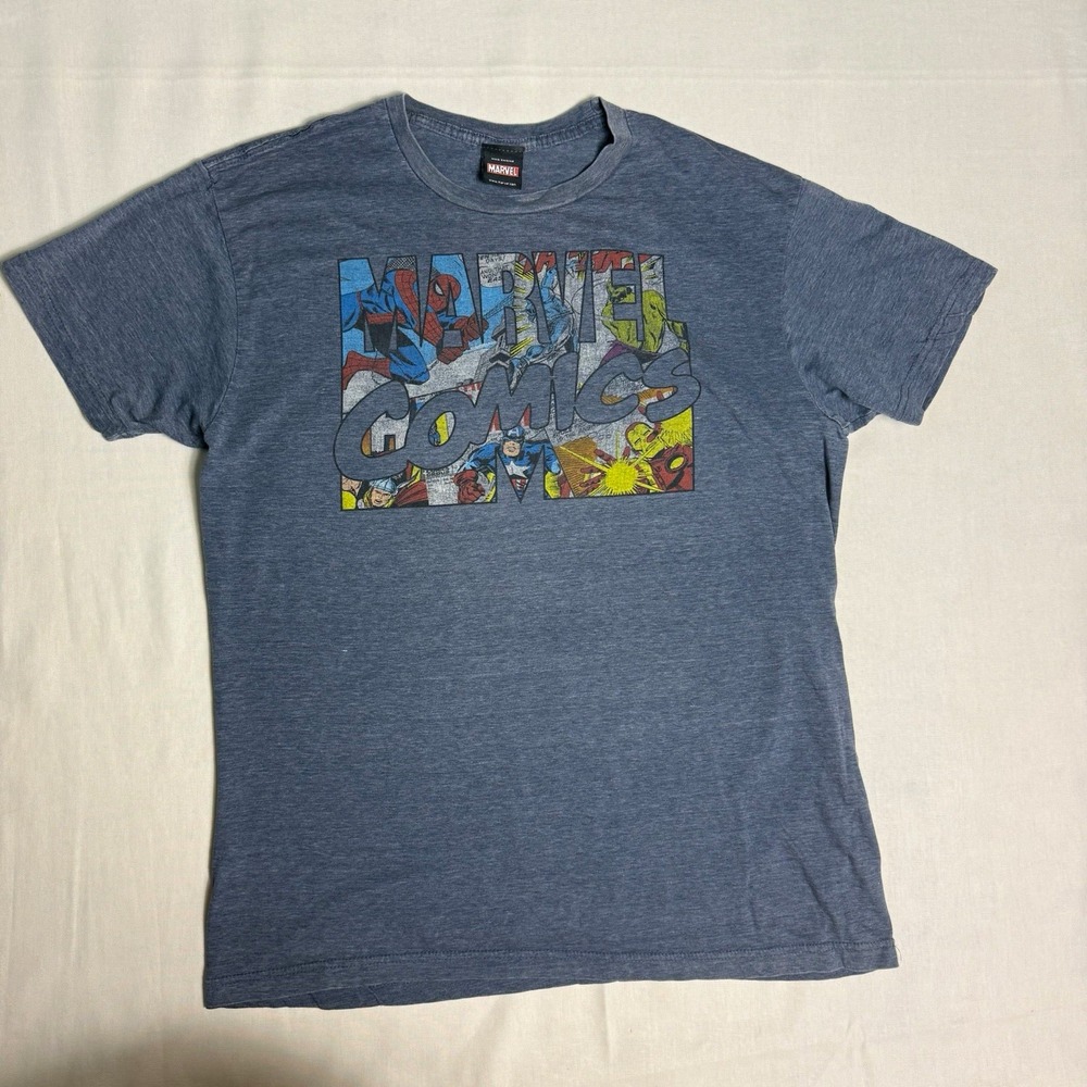 Marvel Comics Spider-Man Iron Man Hulk Captain America Men's L Blue Graphic Tee